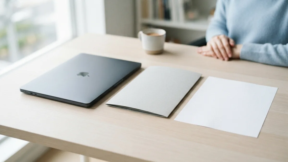 A document that needs a saving fix Closed laptop and blank document beside a folder, suggesting a PDF saving issue
