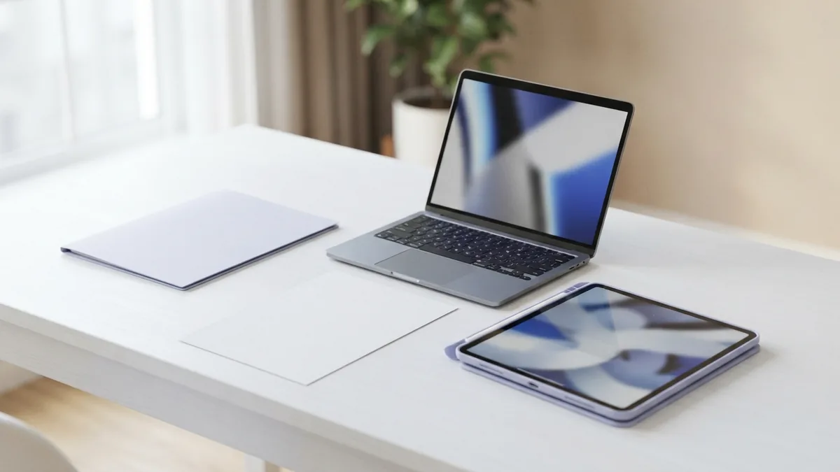Laptop, tablet, and blank paper on a tidy desk for PDF saving steps