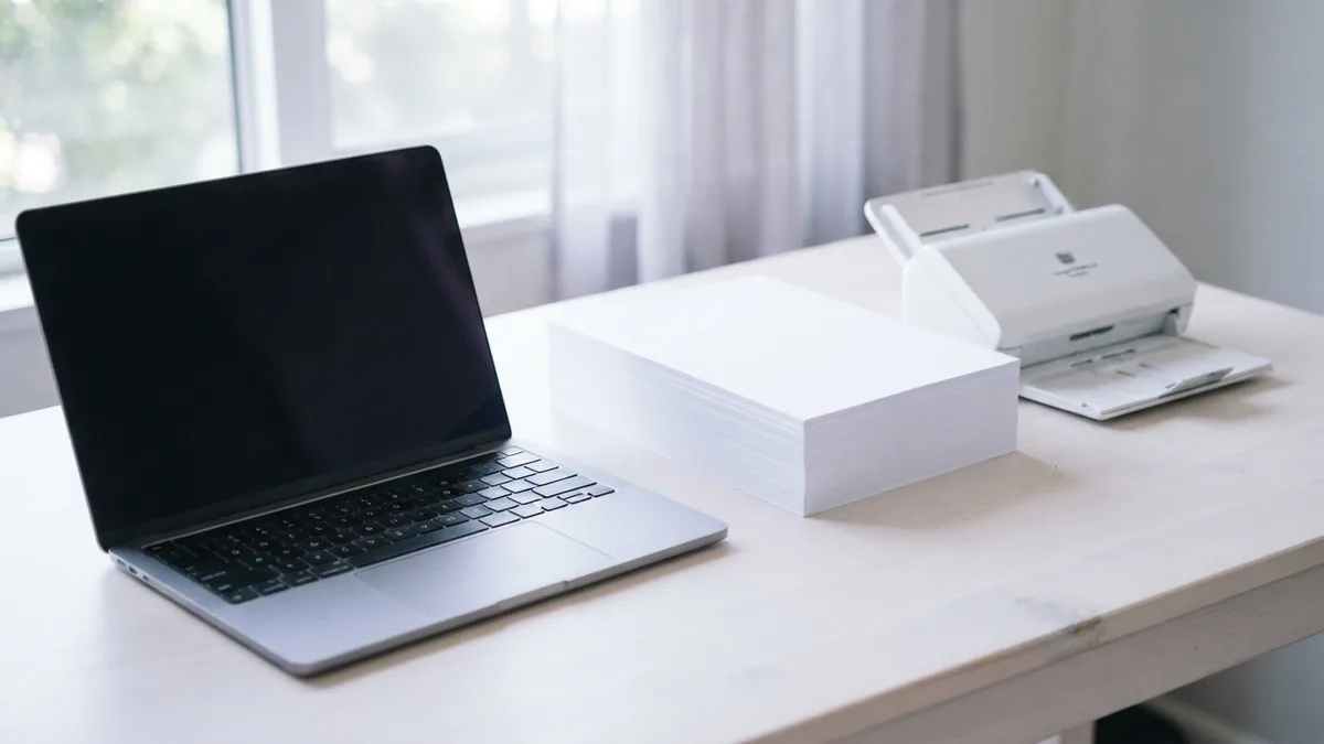 Laptop, desktop scanner, and blank paper arranged for scanning several pages