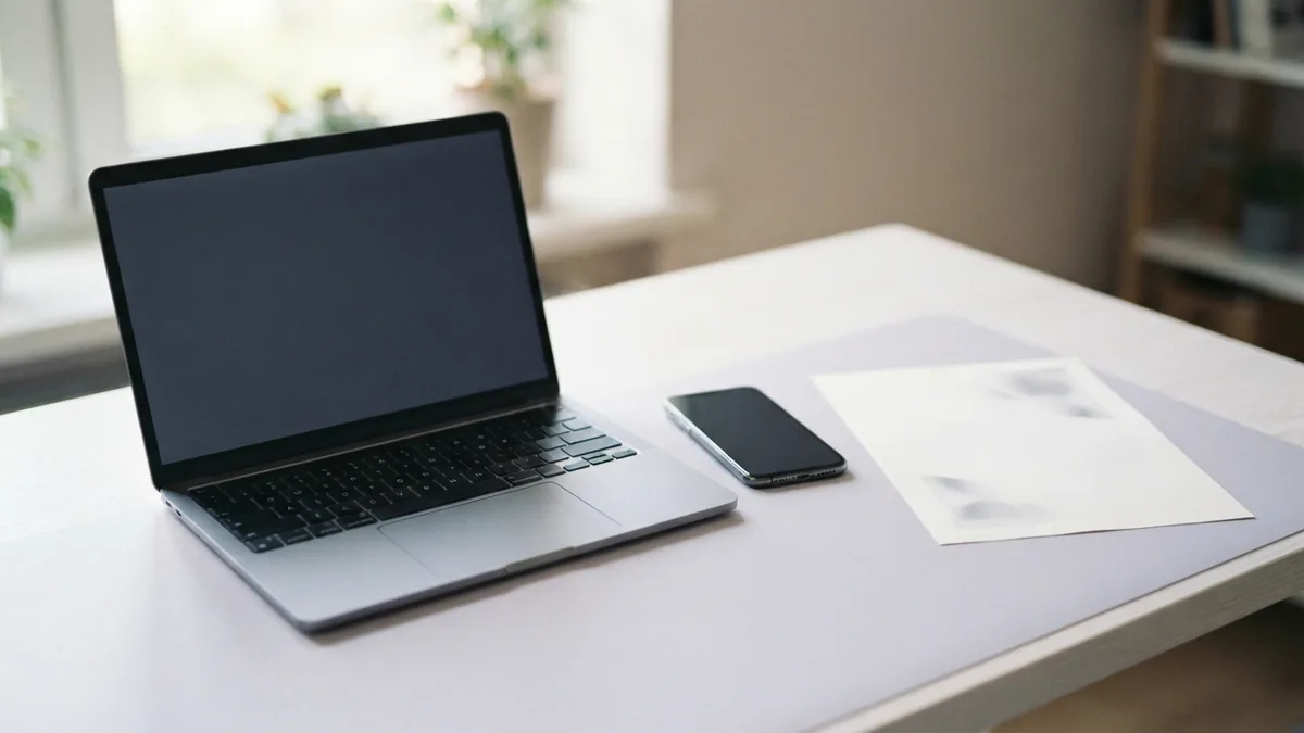 Online PDF conversion workspace Blank laptop and smartphone beside paper for online screenshot to PDF conversion