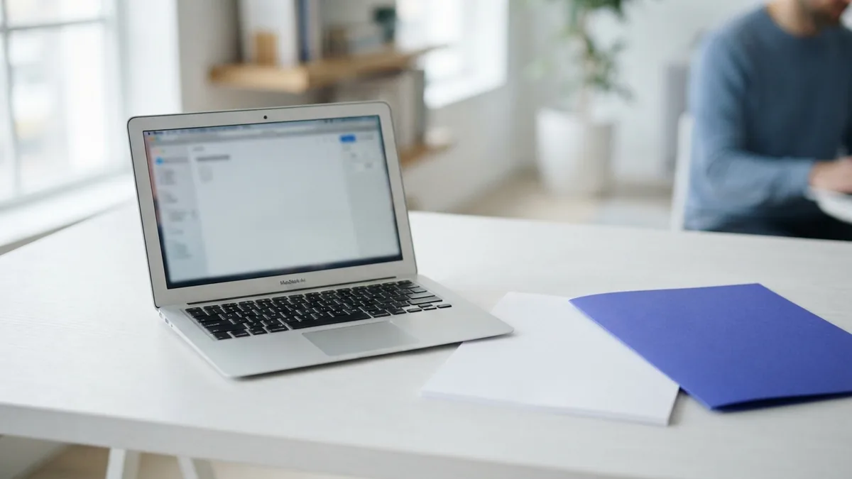 Tools for protecting a PDF Laptop and blank paper on a neat desk for making a protected PDF