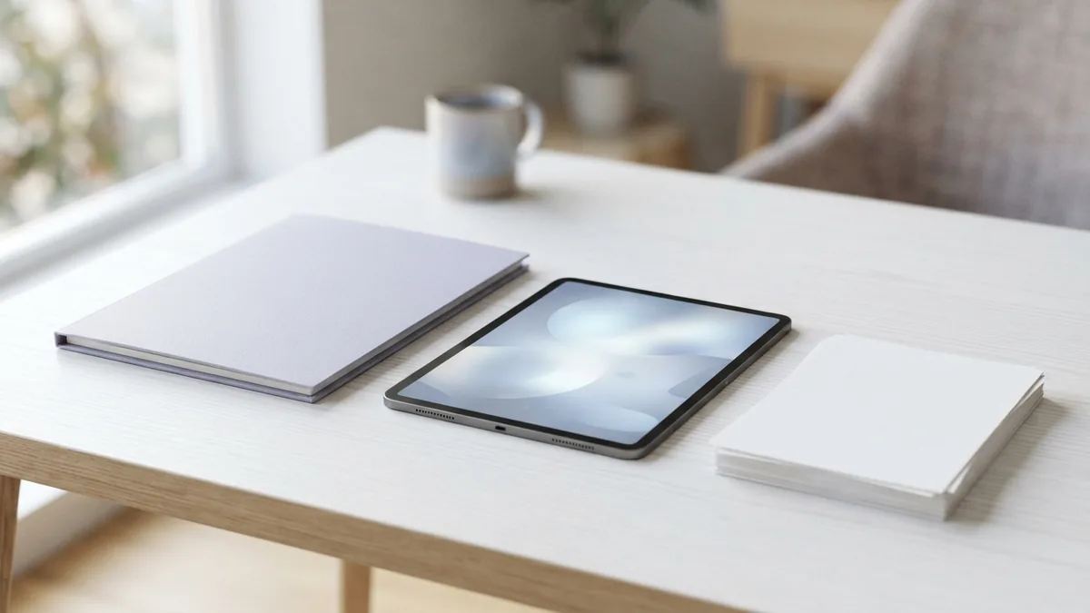 Protected document folder beside a tablet and blank paper on a light desk
