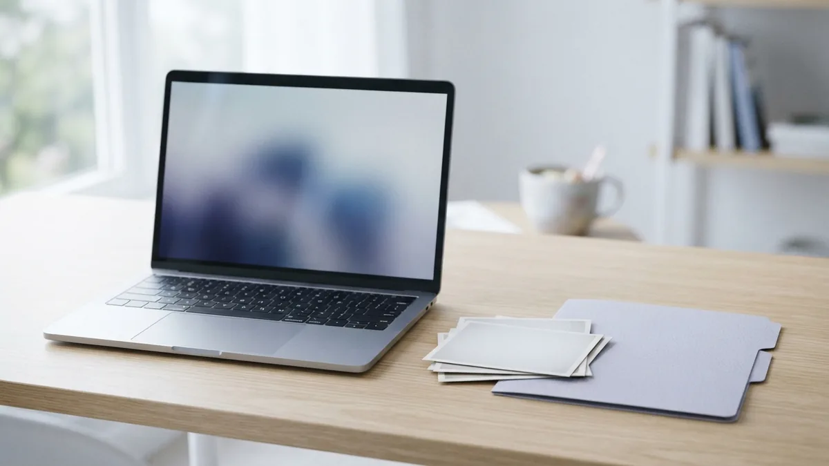 Preparing pictures for a computer PDF Laptop beside blank photo prints and a folder for making a PDF on a computer