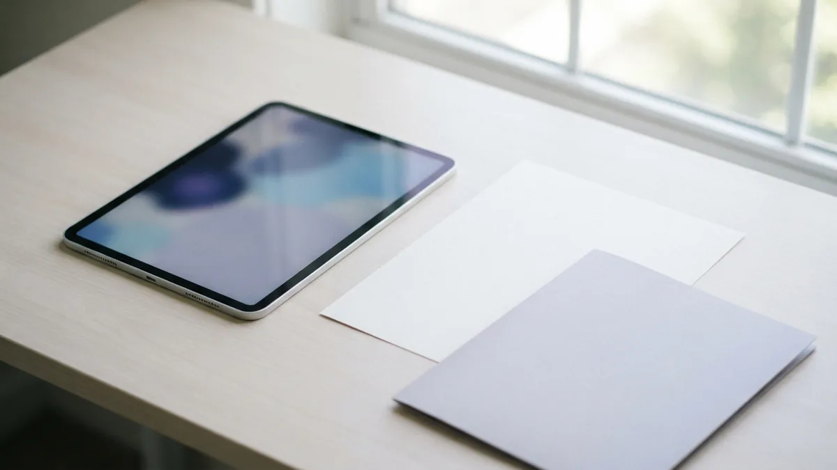 Tablet beside a blank page and folder, ready to share a PDF attachment
