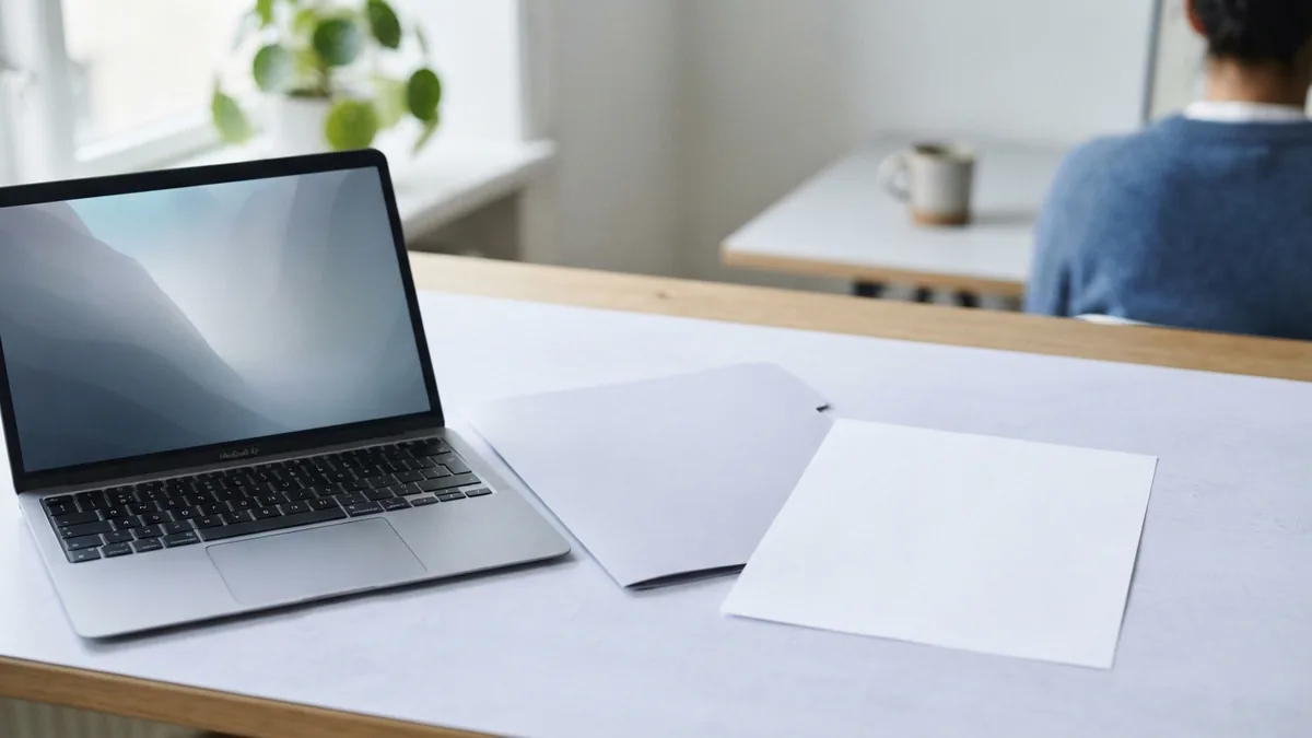 Convert email to PDF Laptop and blank paper arranged for converting an email into PDF format