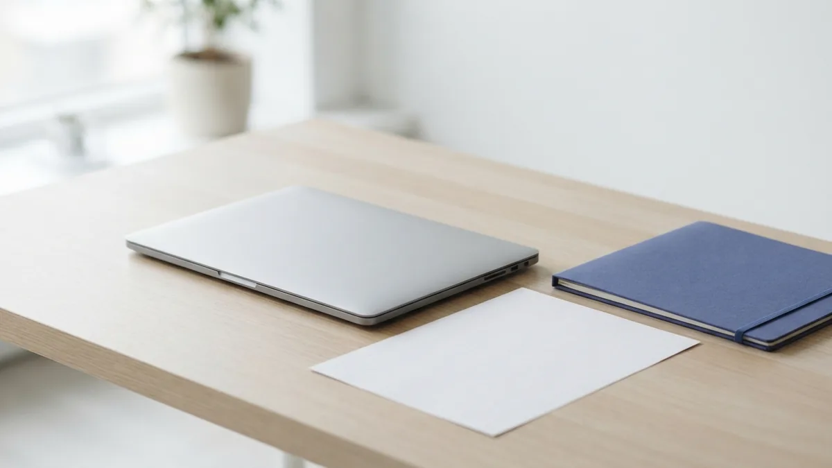 Laptop beside blank paper and folder for saving an Outlook email as PDF