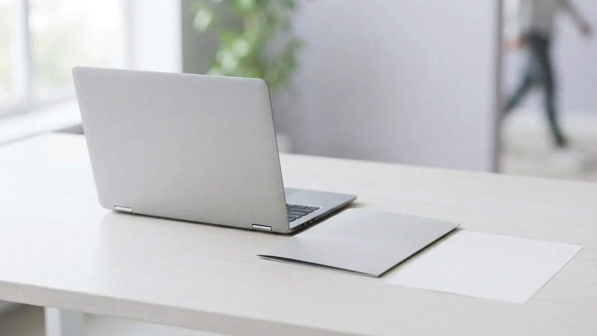 Saving a selected PDF page Laptop, folder, and blank paper arranged for saving a PDF page