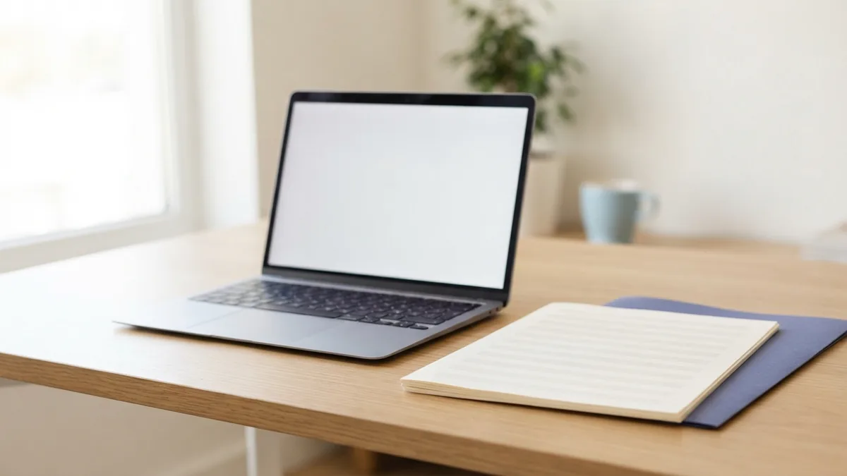 Laptop beside blank sheet music and a folder during score export