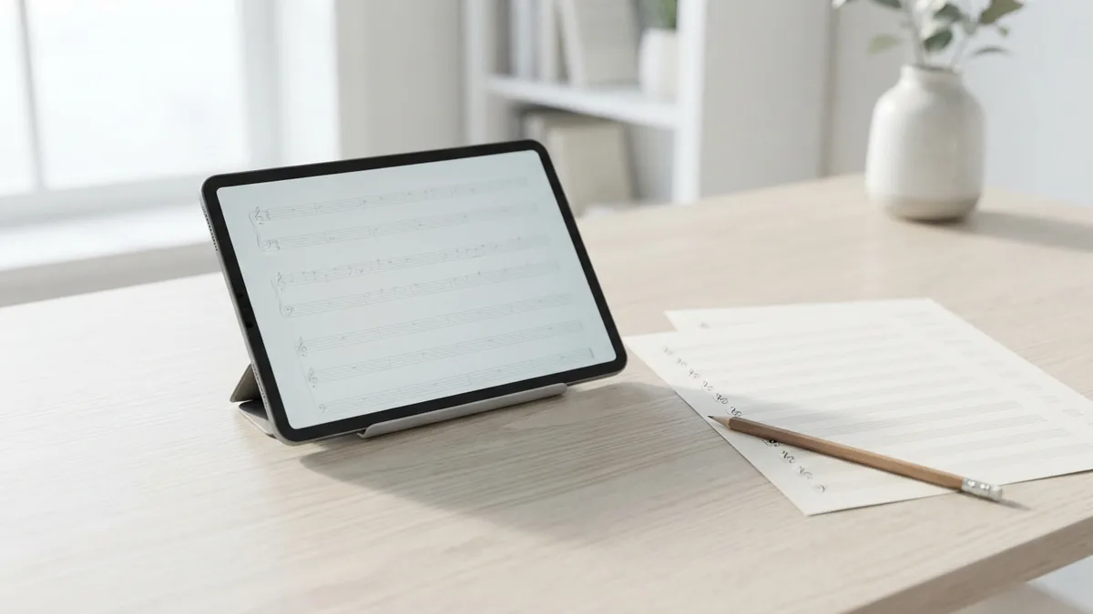 Checking music score pages Tablet and blank music pages set out for checking score layout