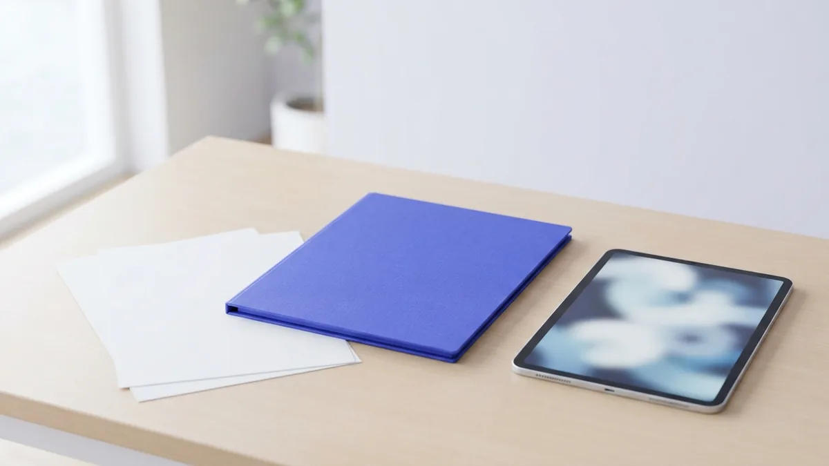 Score files and conversion tools Folder, tablet, and blank sheets arranged for score file conversion