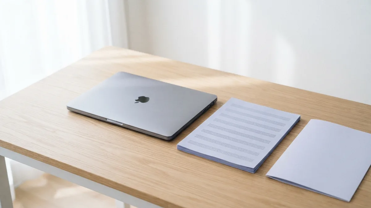 Blank score pages stacked beside a laptop before sharing