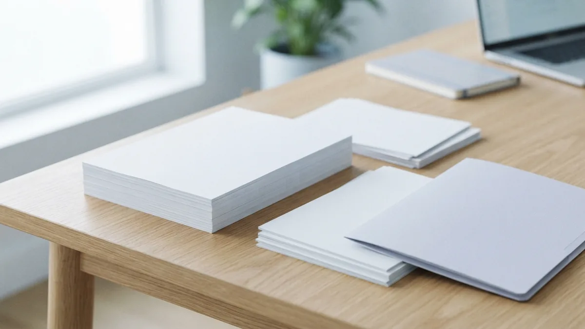 One document divided into smaller page groups A large blank document stack separated into smaller groups on a clean desk