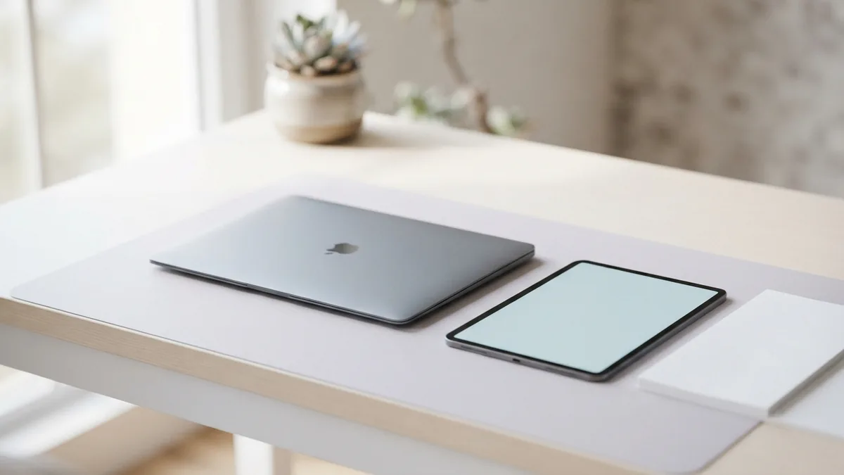 Compare online and offline PDF work Laptop, tablet, and blank paper showing choices for handling PDF files