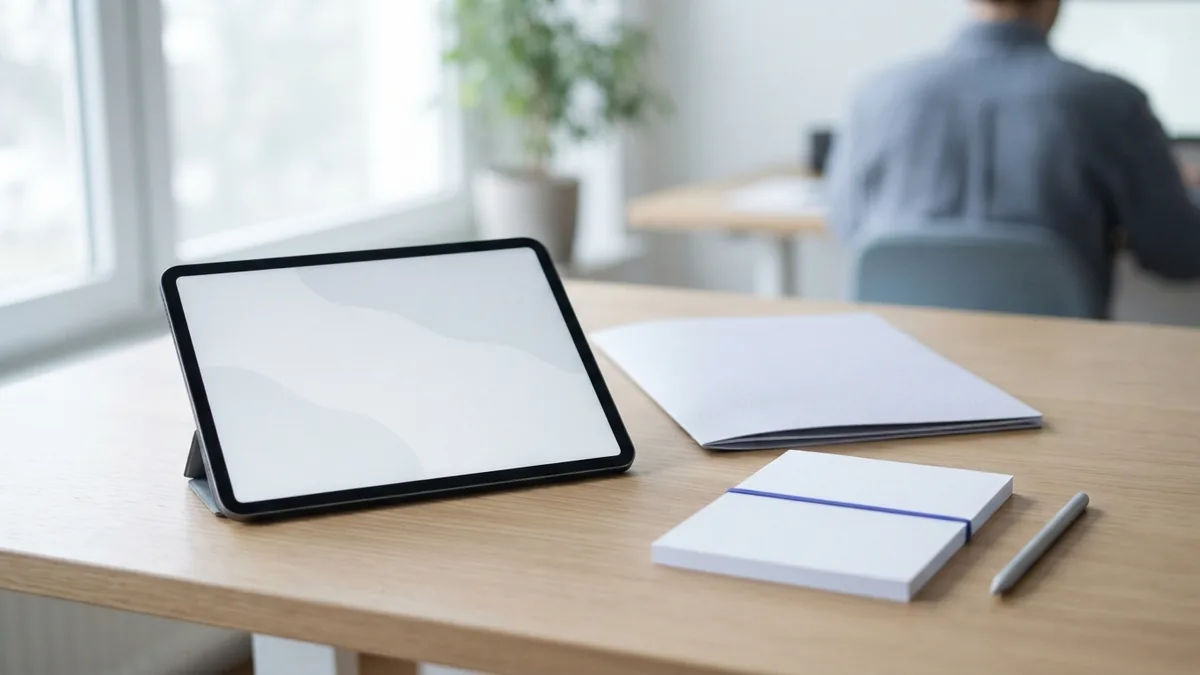 A tablet and blank papers arranged for testing PDF editing options