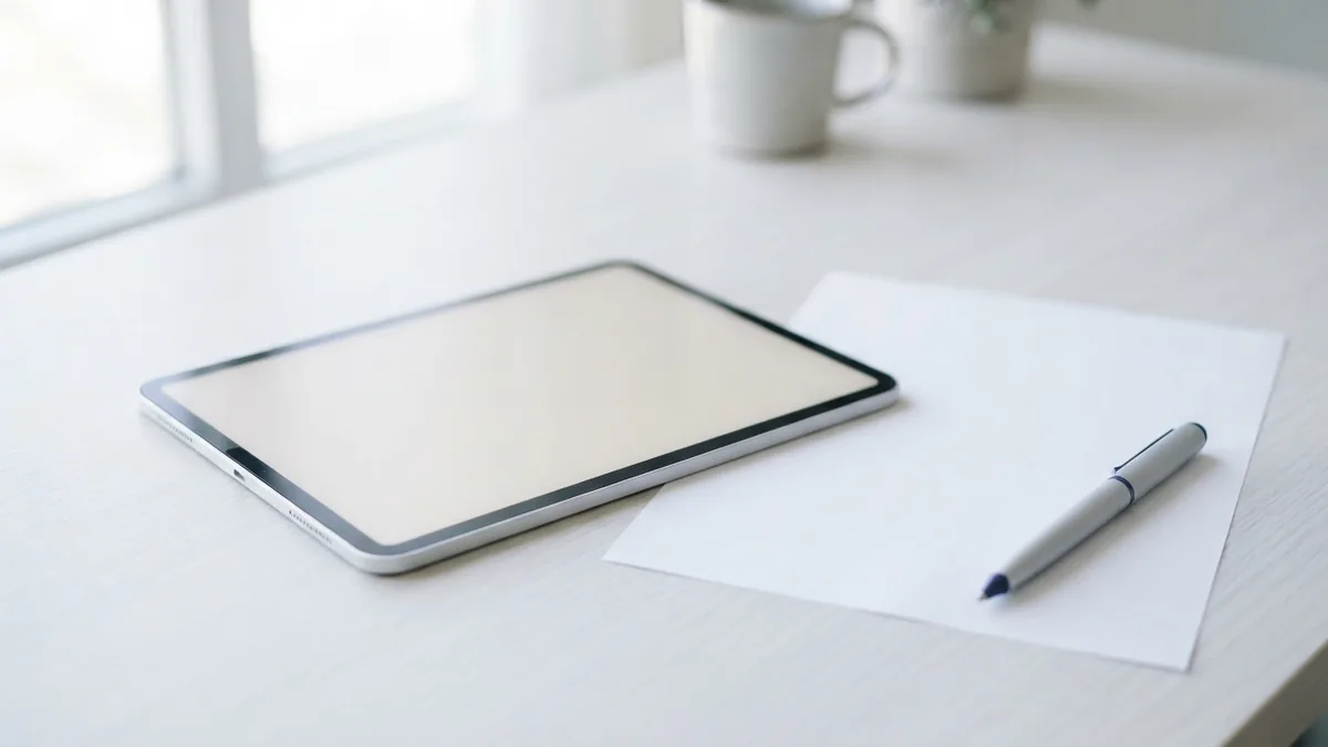 A blank tablet and paper beside a pen for rebuilding PDF form elements