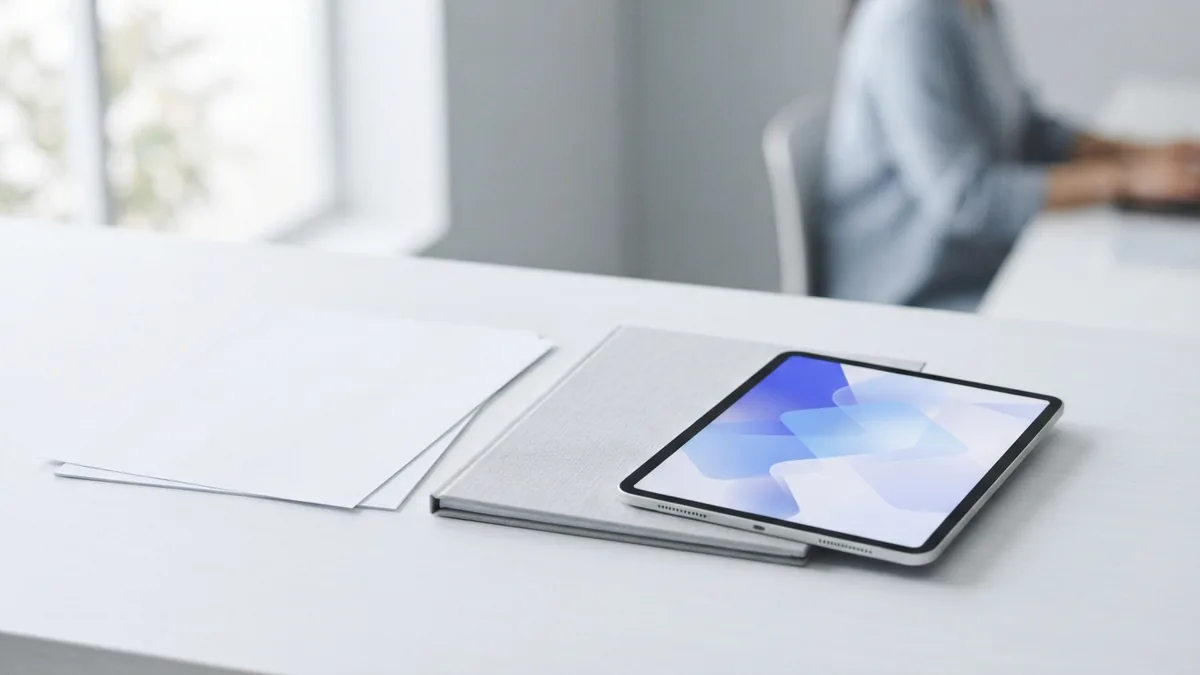 Blank document, folder, and tablet arranged for a careful PDF access check