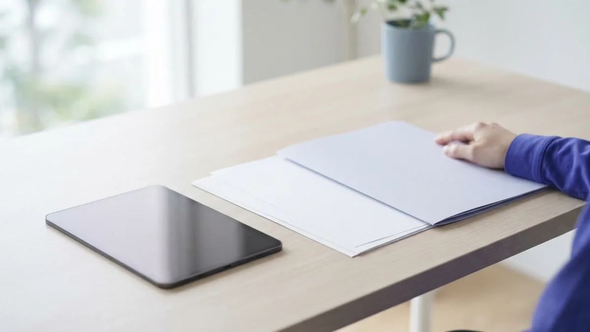 Tablet and blank document beside a folder, representing care with signed PDF files