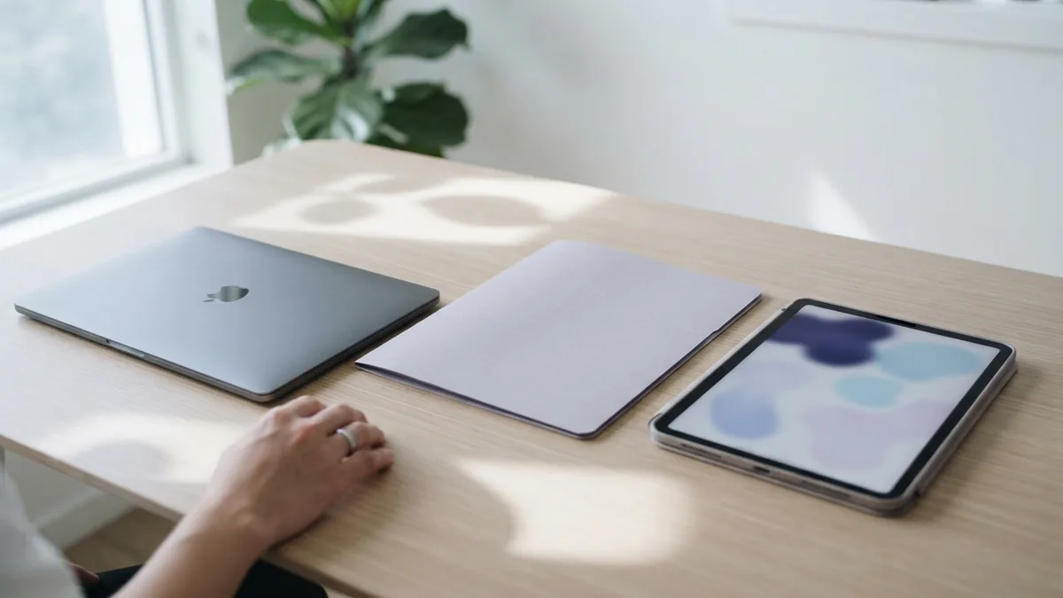 Tablet and blank document folder arranged for signed PDF review