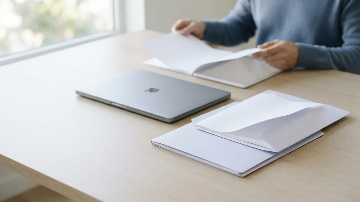 Two blank folders beside a laptop represent different PDF password types