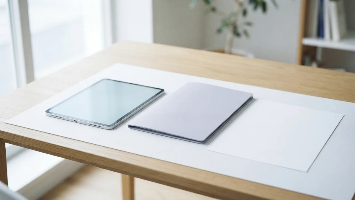 Tablet and blank paper beside a folder in a bright document workspace