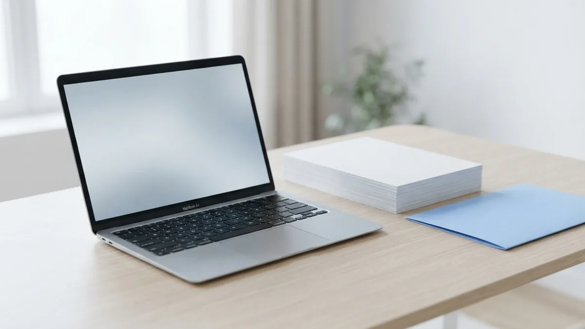 Laptop beside blank papers and a folder for safe PDF editing