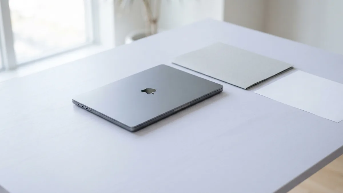 Closed laptop and blank folder on a bright desk for secure file handling