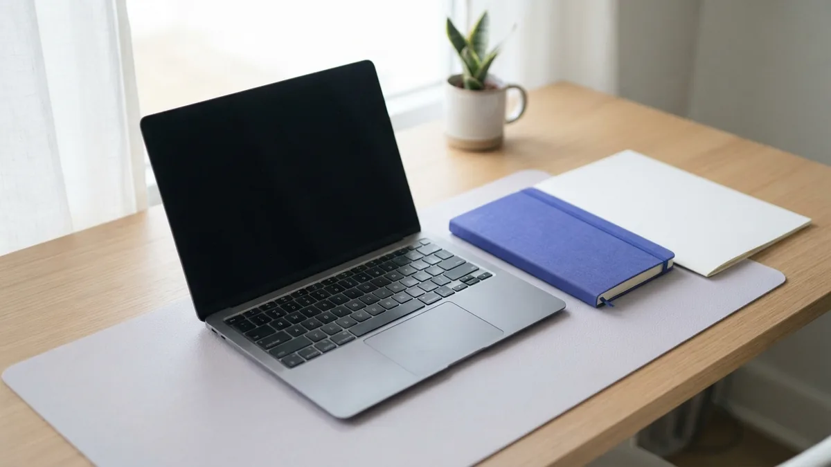 Laptop and closed notebook on a tidy desk for safe digital reading choices
