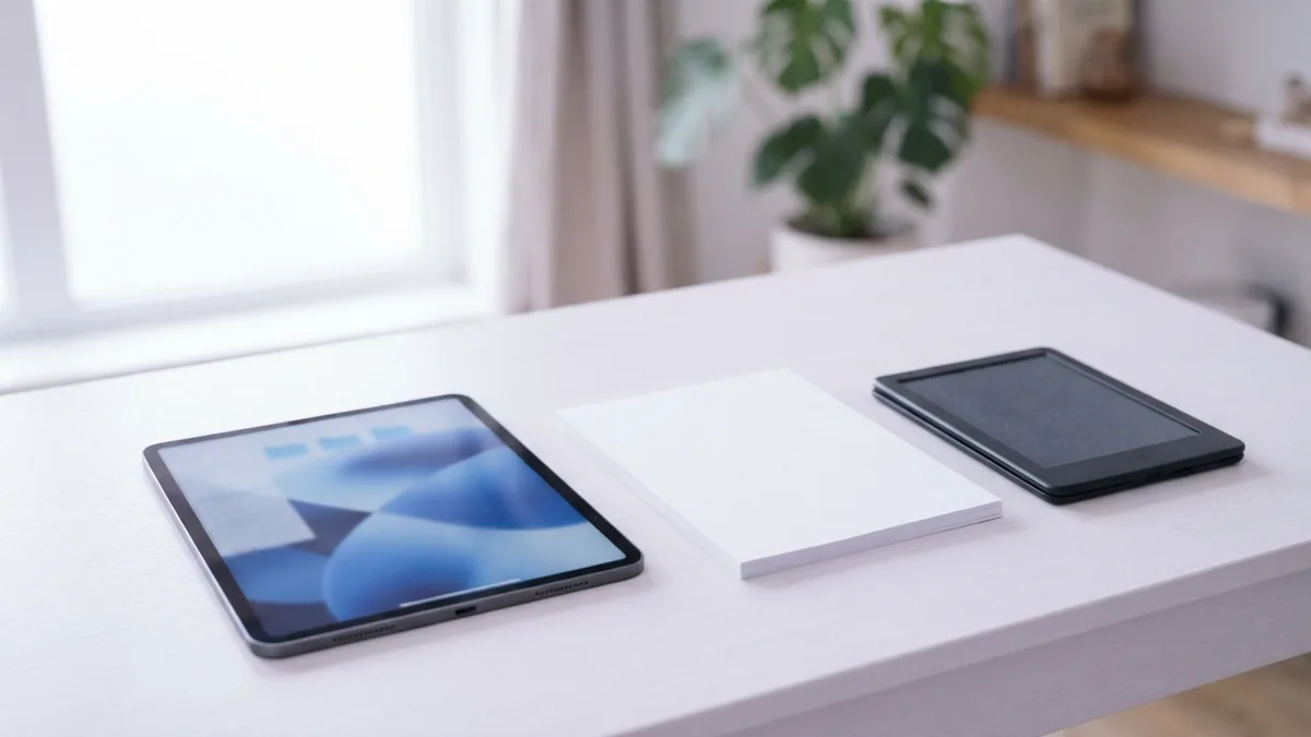 Working with an authorized ebook file Tablet and blank paper on a desk for converting an authorized ebook file