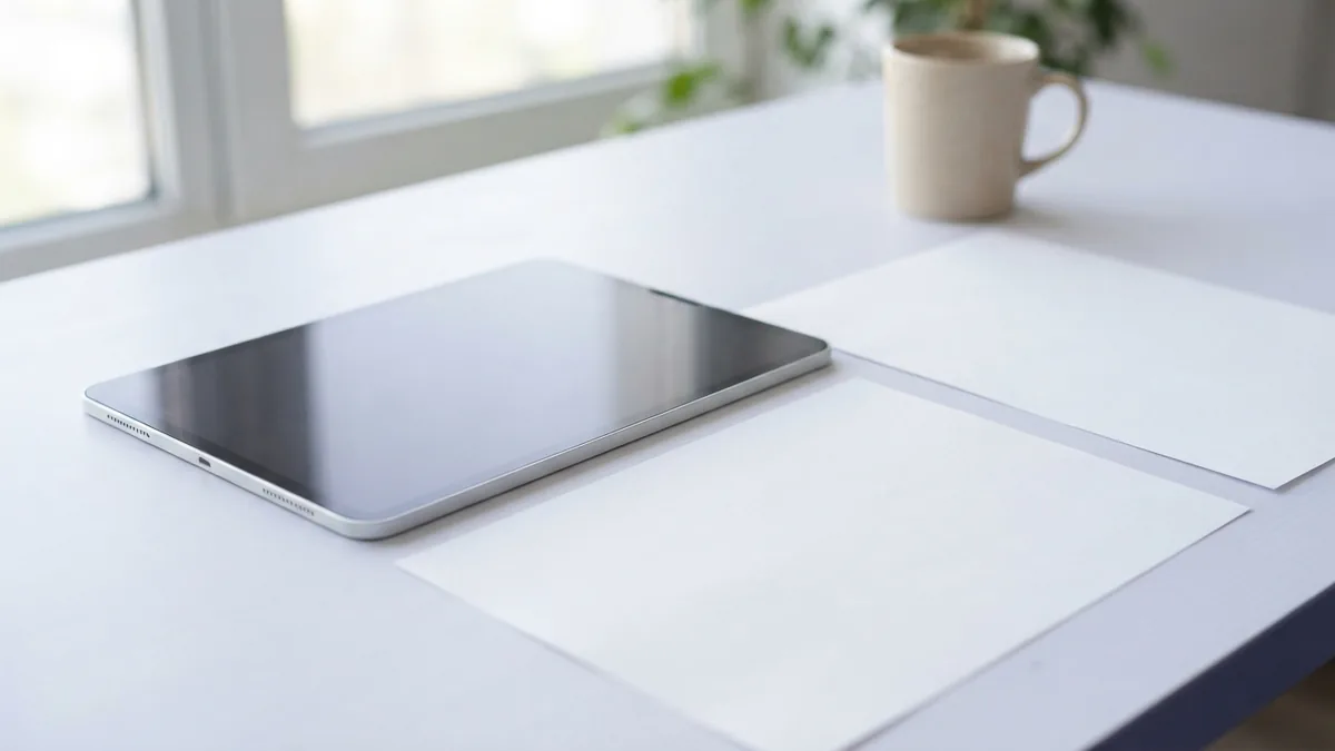 A tablet and blank sheets show a simple layout for web content and scannable headings