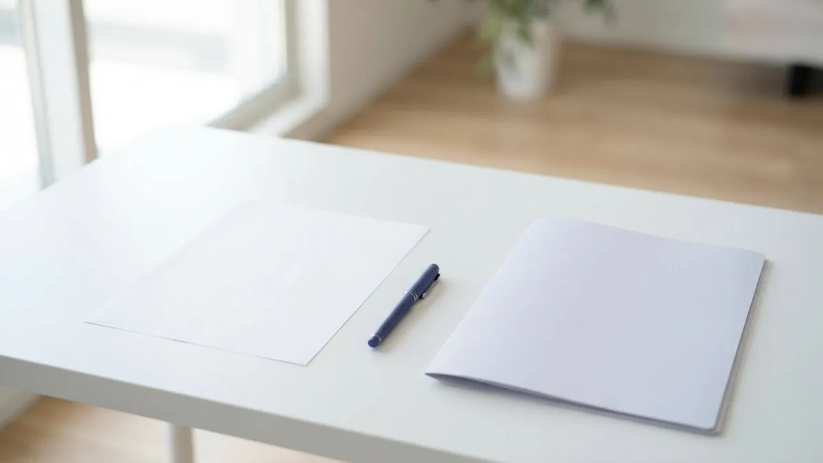 Review copy with a fresh eye A blank page and closed folder suggest careful review of clear, reader-focused copy