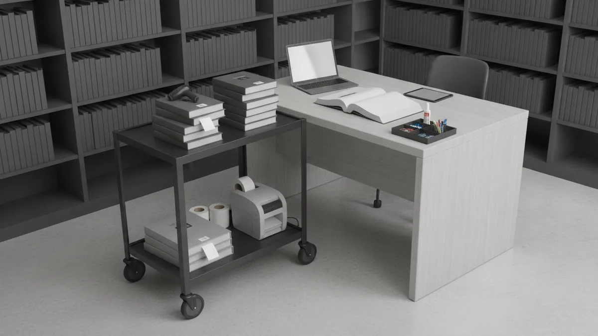 Organized library workspace showing preparation for circulation and catalog updates