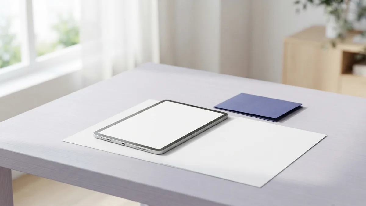 Tablet and blank documents arranged on a cool-toned desk for PDF file checks