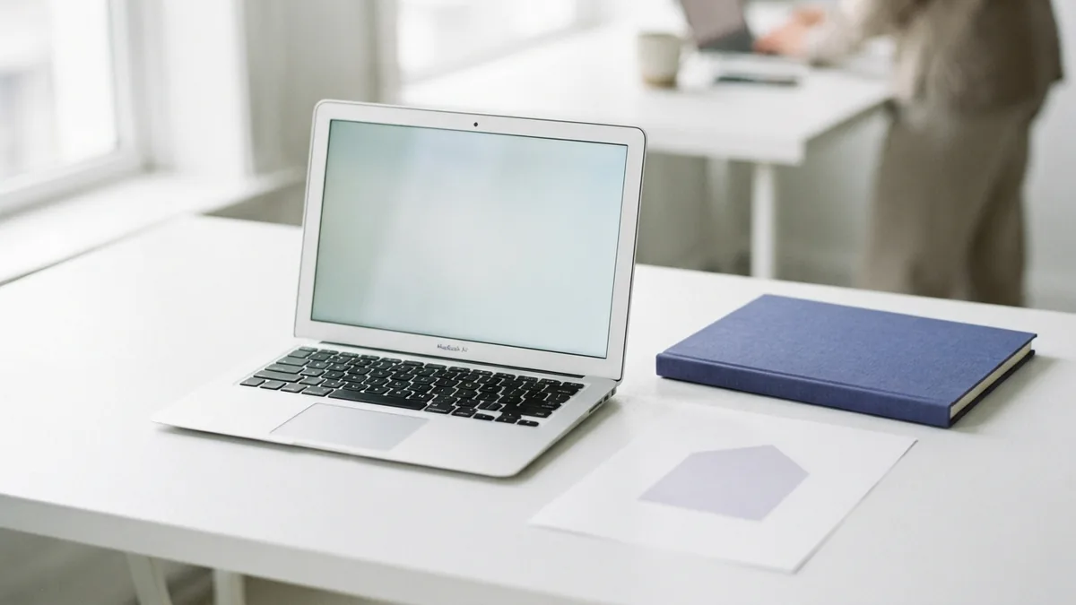 Laptop and folder on a bright desk representing PDF permission checks