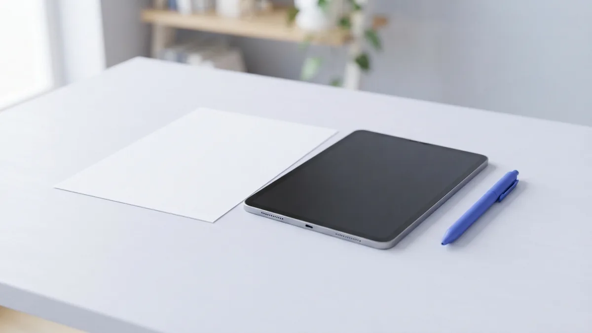 Blank document and tablet on a bright desk for adding PDF highlights
