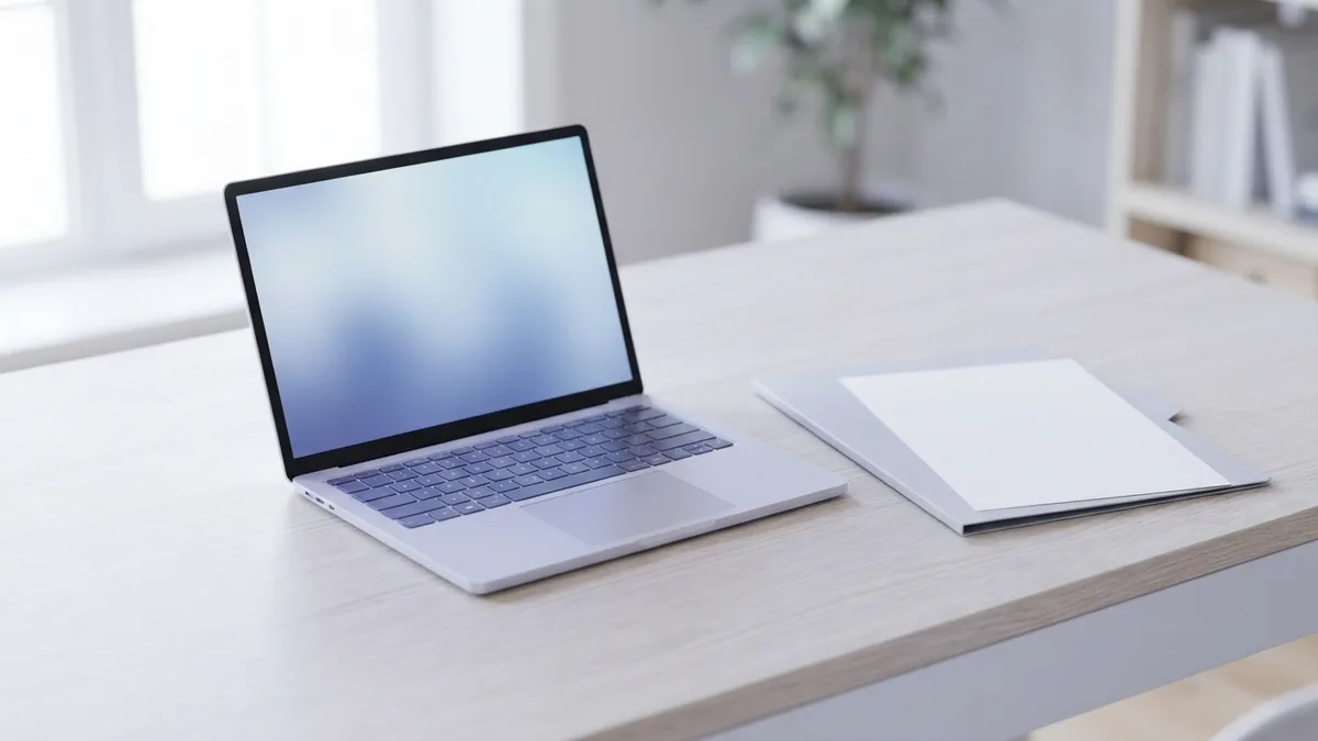 Laptop and blank folder on a bright desk for resolving software conflicts