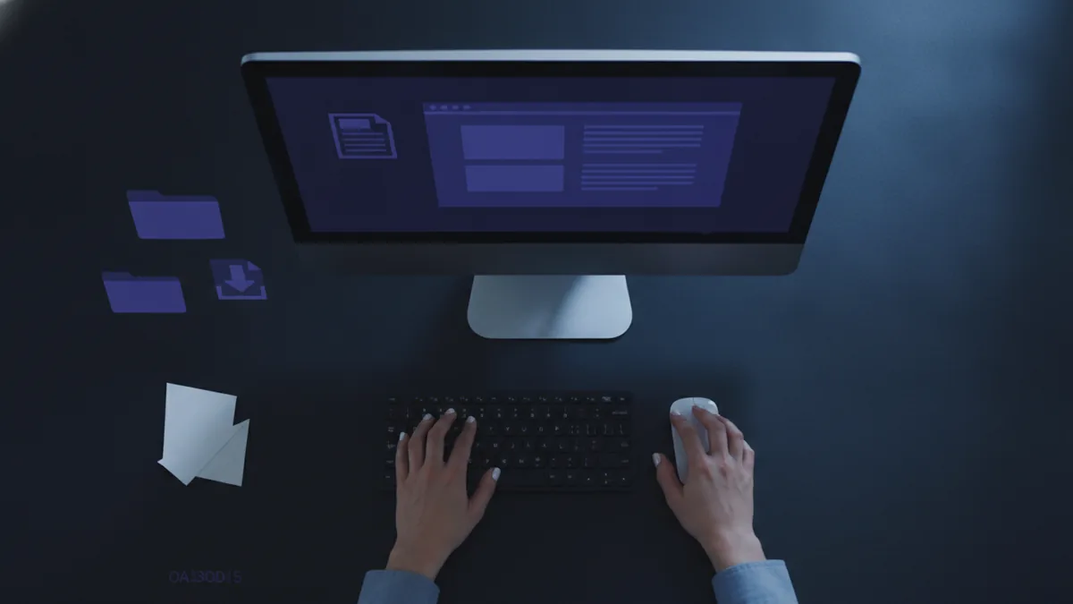 Checking PDF reader and file access Person checking PDF reader settings and file access on a desktop computer