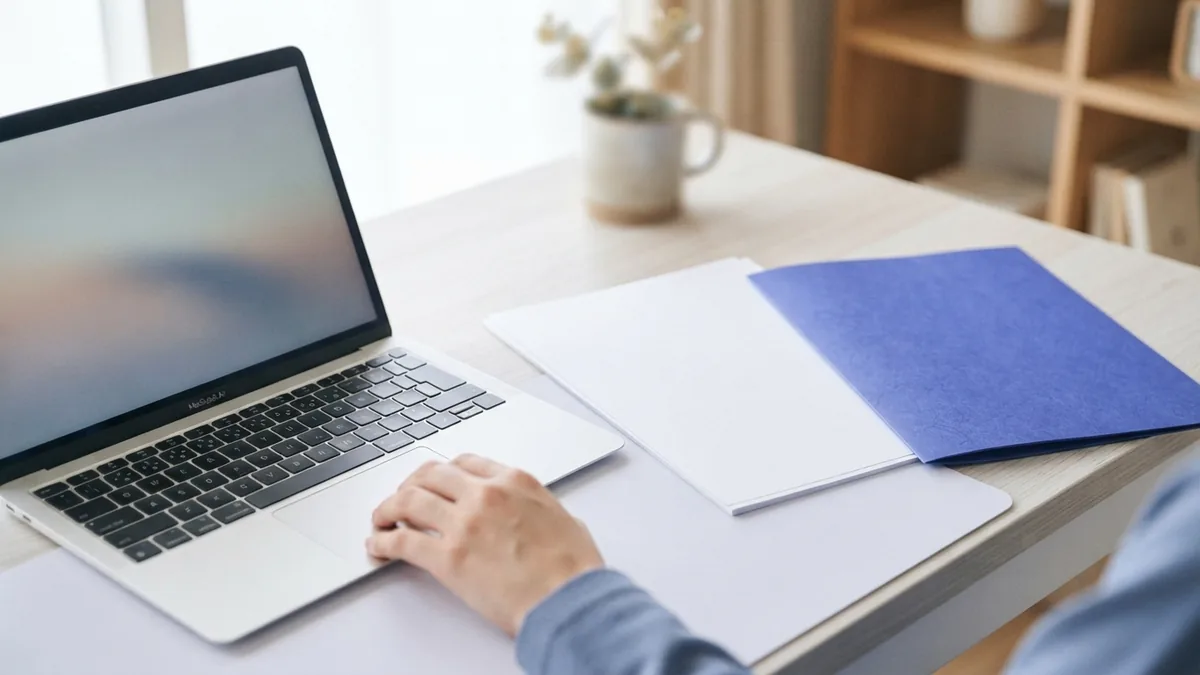 Simple PDF saving workspace Laptop with blank sheets and a blue folder on a bright work desk