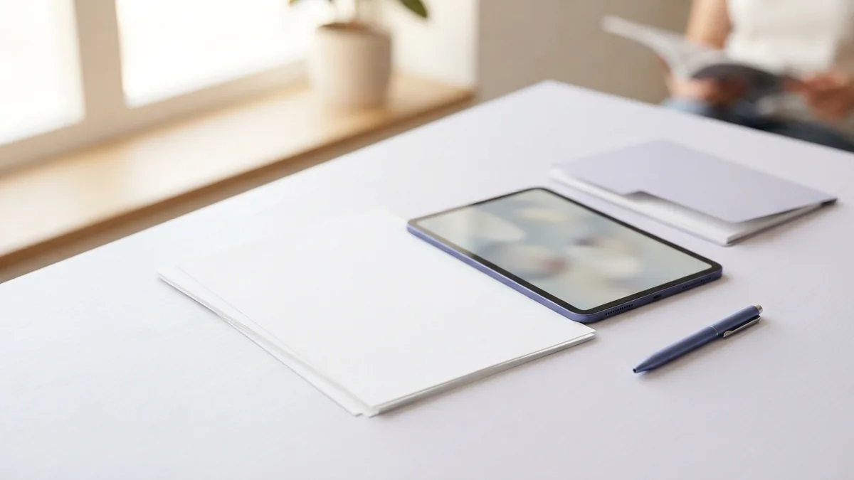 Checking PDF quality at a tidy desk Blank papers and tablet arranged for checking a polished PDF file