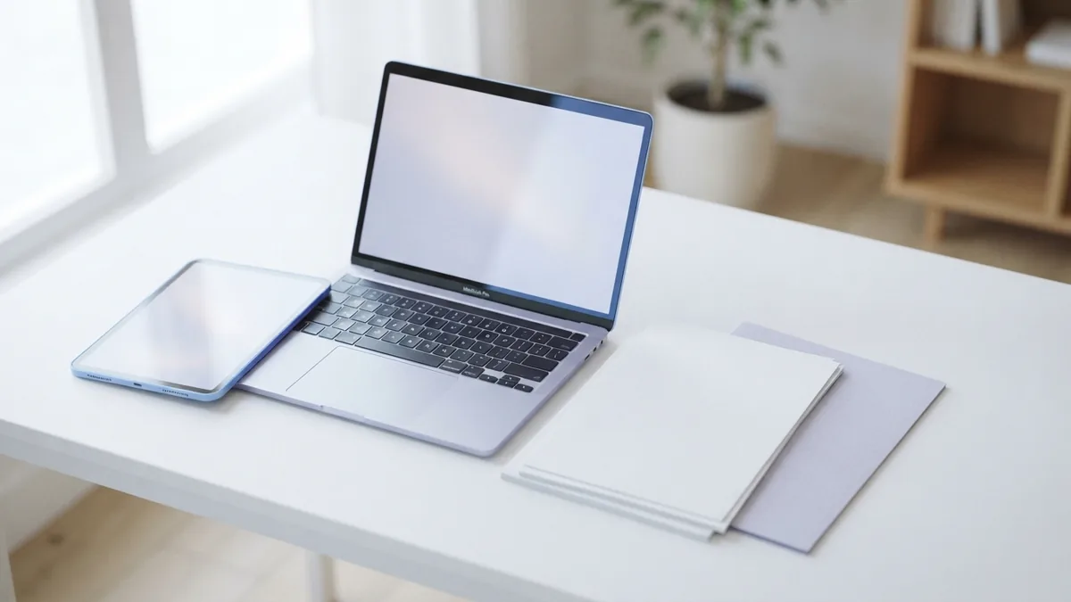 Laptop, tablet, and blank documents arranged for editing a saved PDF