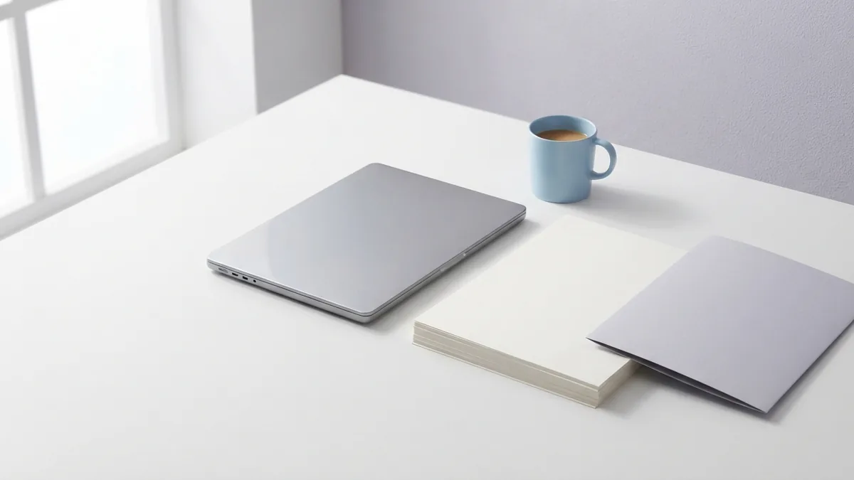 Laptop beside blank pages during an online XBRL file to PDF conversion