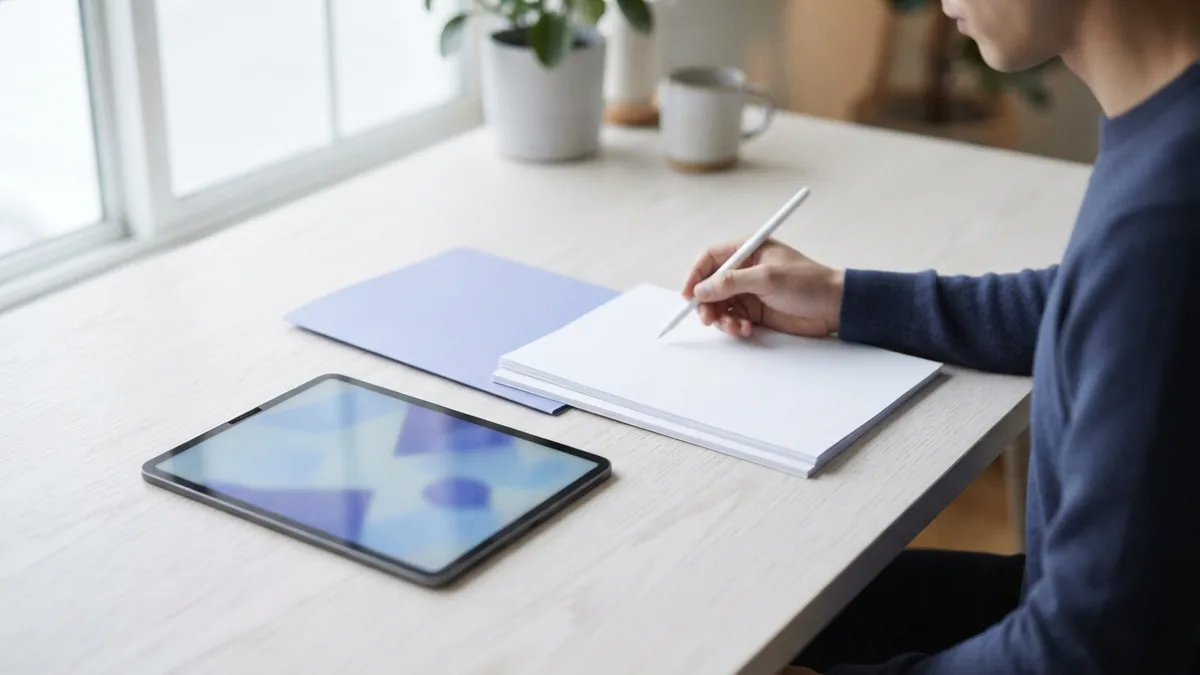 Blank report pages and a tablet arranged for checking a converted financial document